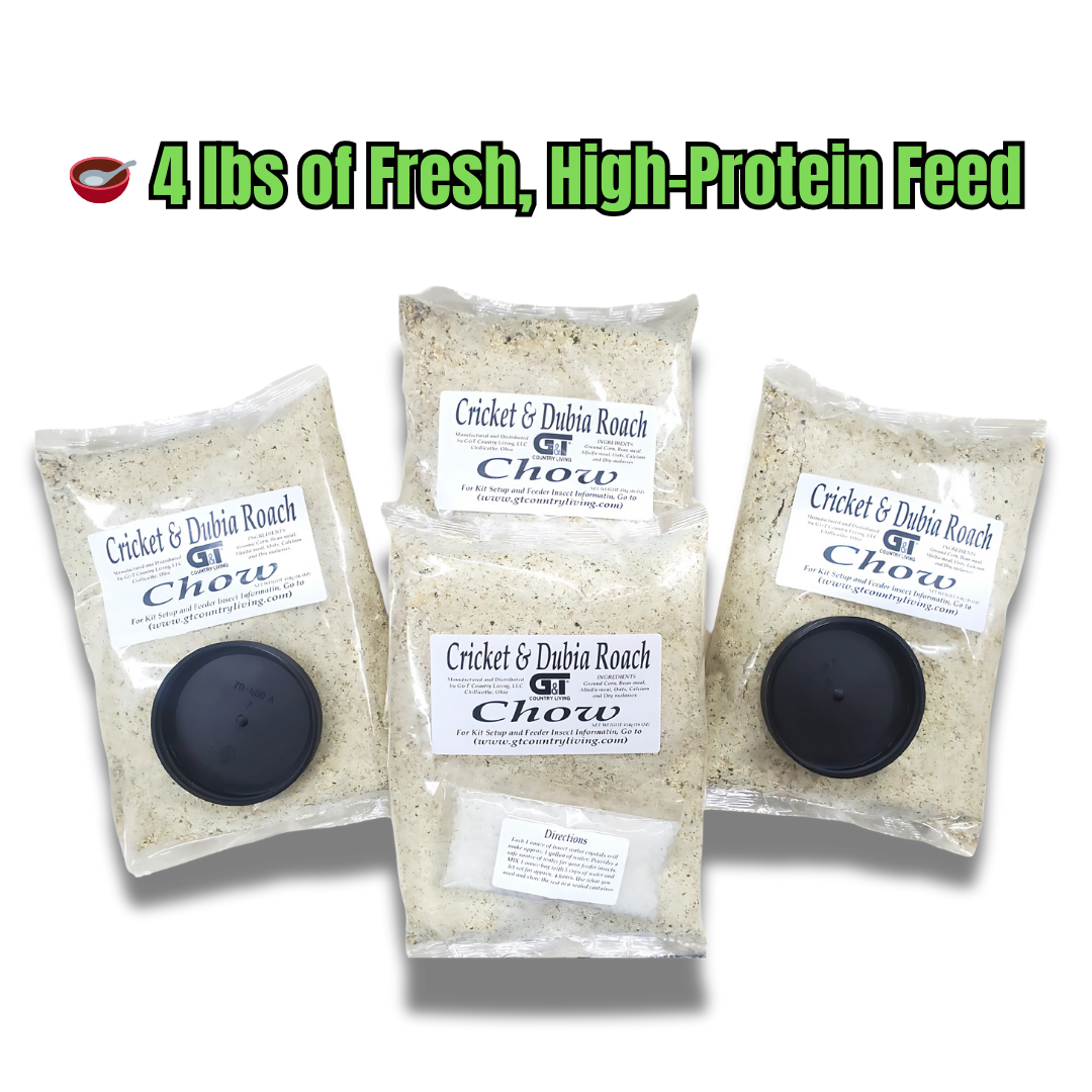 “GT Country Living 4 lb bag of insect chow for crickets and dubia roaches.”