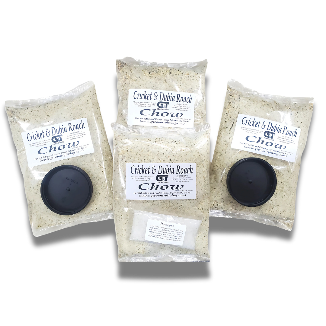 “GT Country Living 4 lb cricket and dubia roach chow – premium food for feeder insect colonies.”