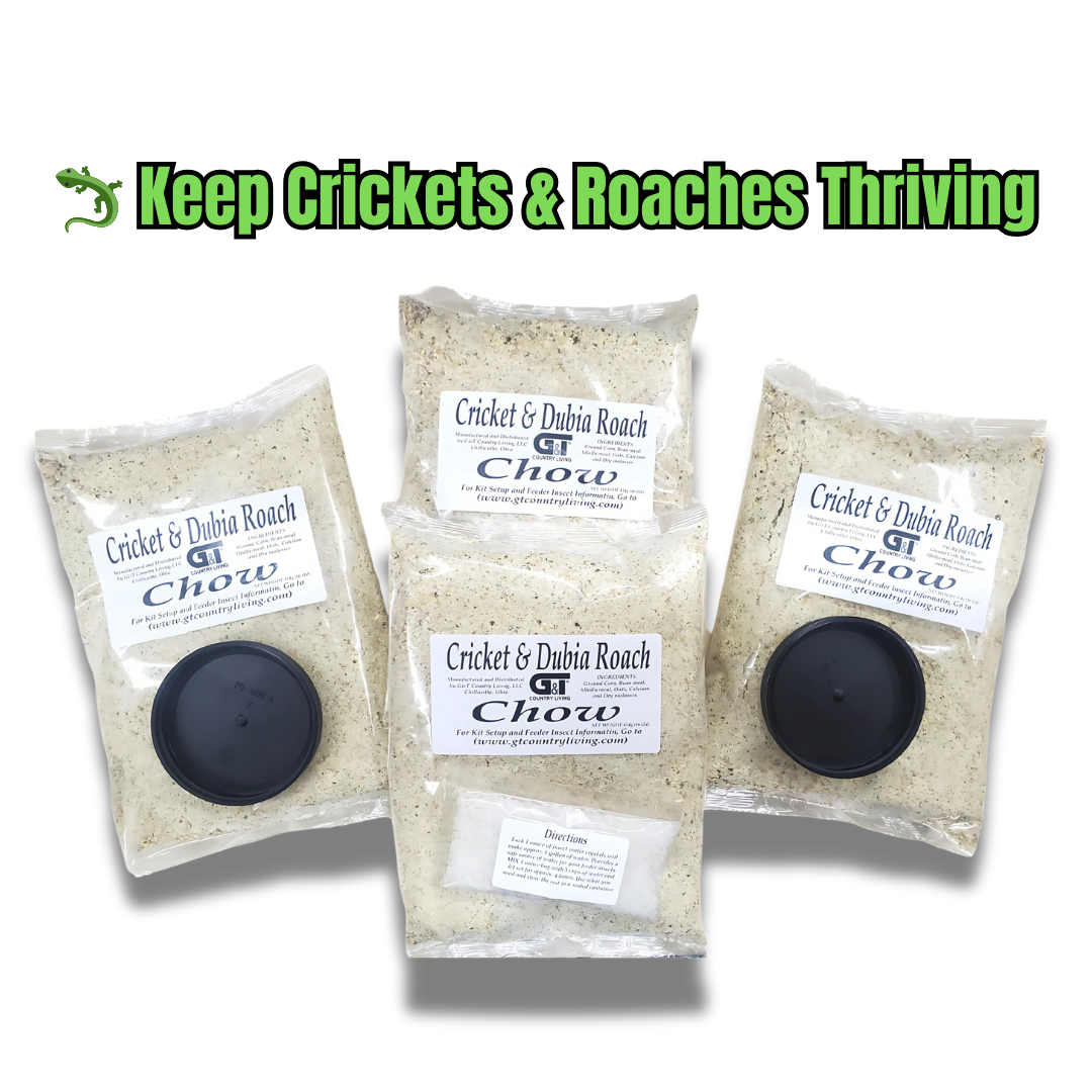“GT Country Living 4 lb insect breeding chow with nutrients for healthy cricket and roach colonies.”