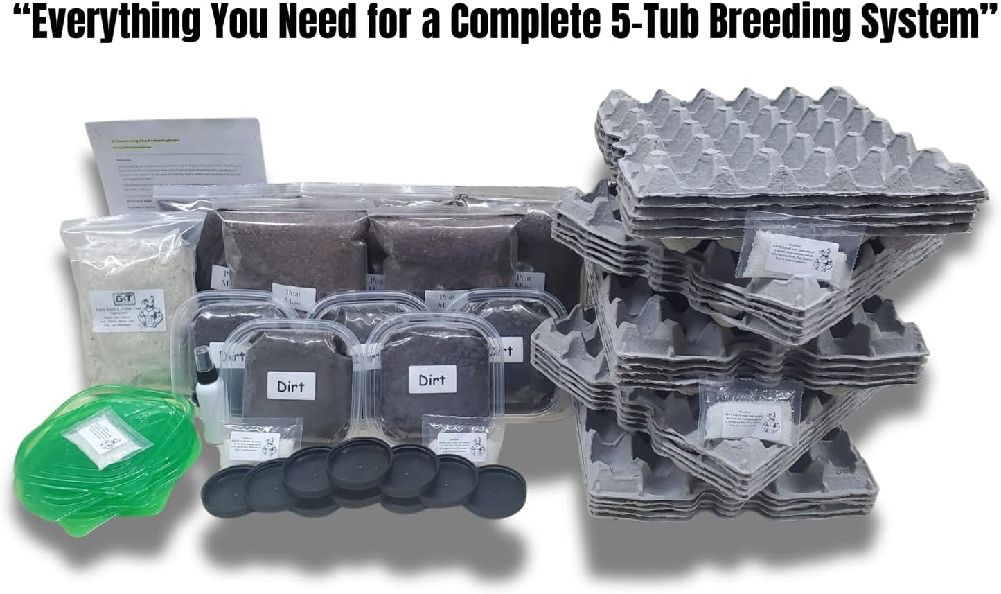 Cricket Breeding Kit for Continuous Feeder Production – G&T Country Living 5-Tub Pro System with Egg Flats, Premium Feed, Hydration Crystals, Peat Moss & Care Manual for Raising Healthy Live Crickets at Home