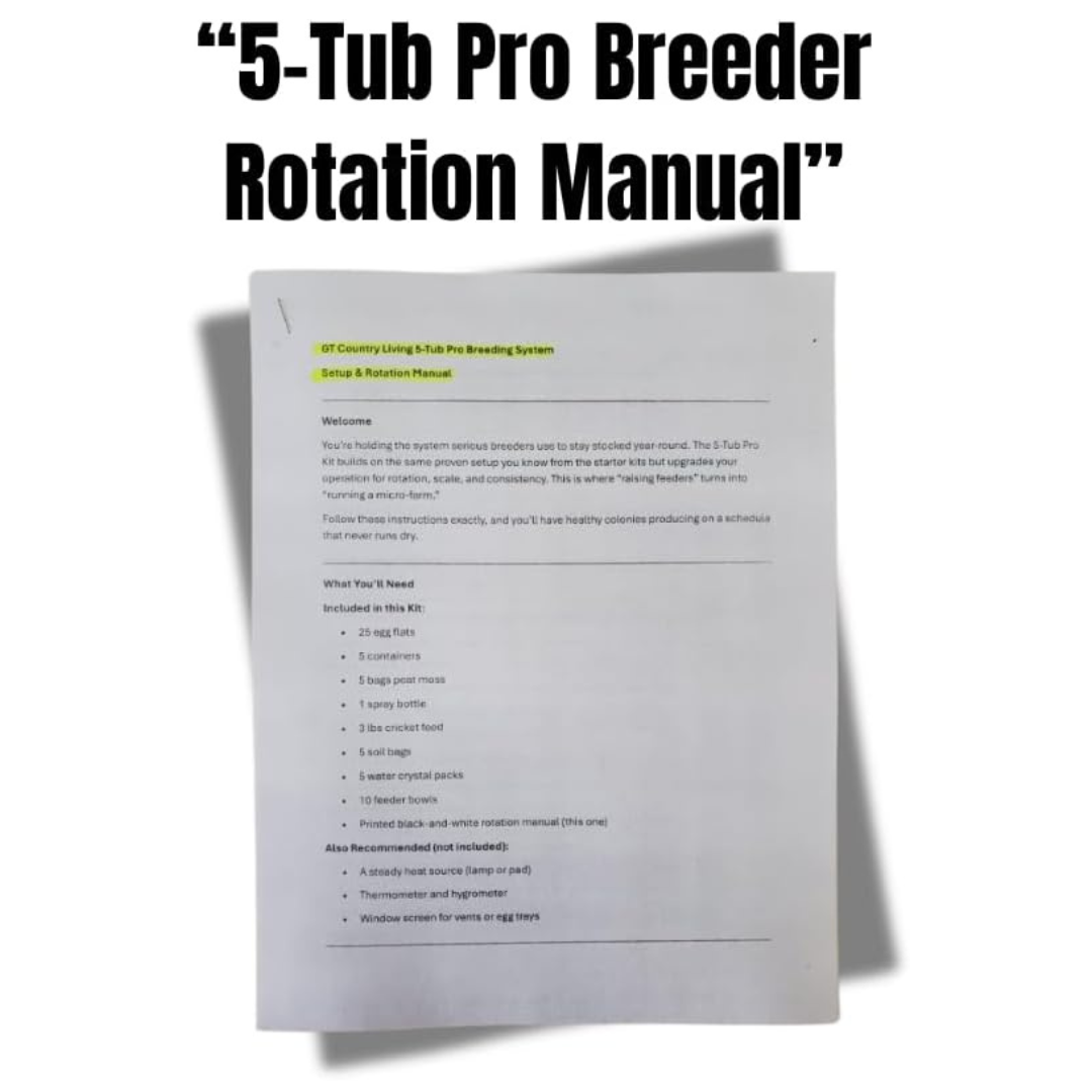 Cricket Breeding Kit for Continuous Feeder Production – G&T Country Living 5-Tub Pro System with Egg Flats, Premium Feed, Hydration Crystals, Peat Moss & Care Manual for Raising Healthy Live Crickets at Home