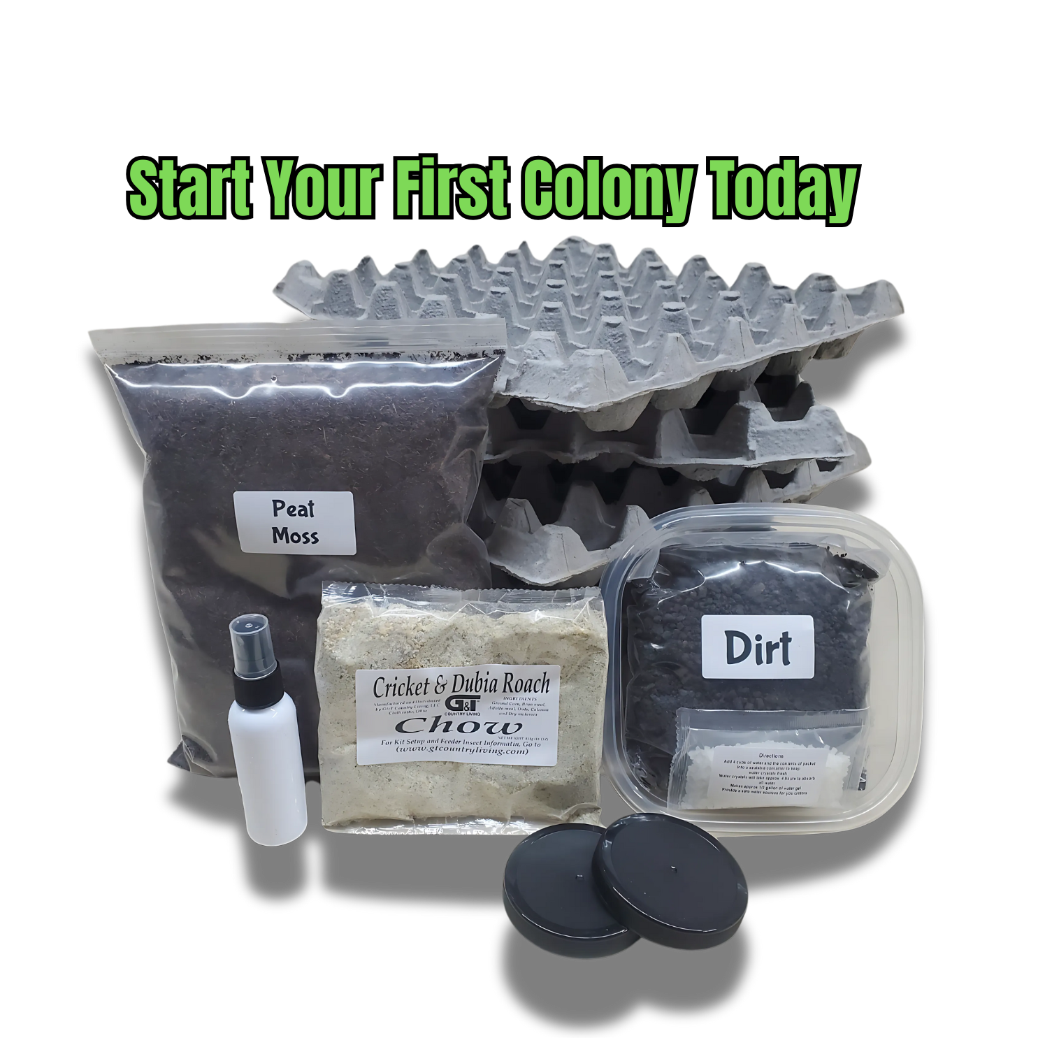 “GT Country Living Cricket Breeding Kit with egg flats, chow, and water gel supplies.”
